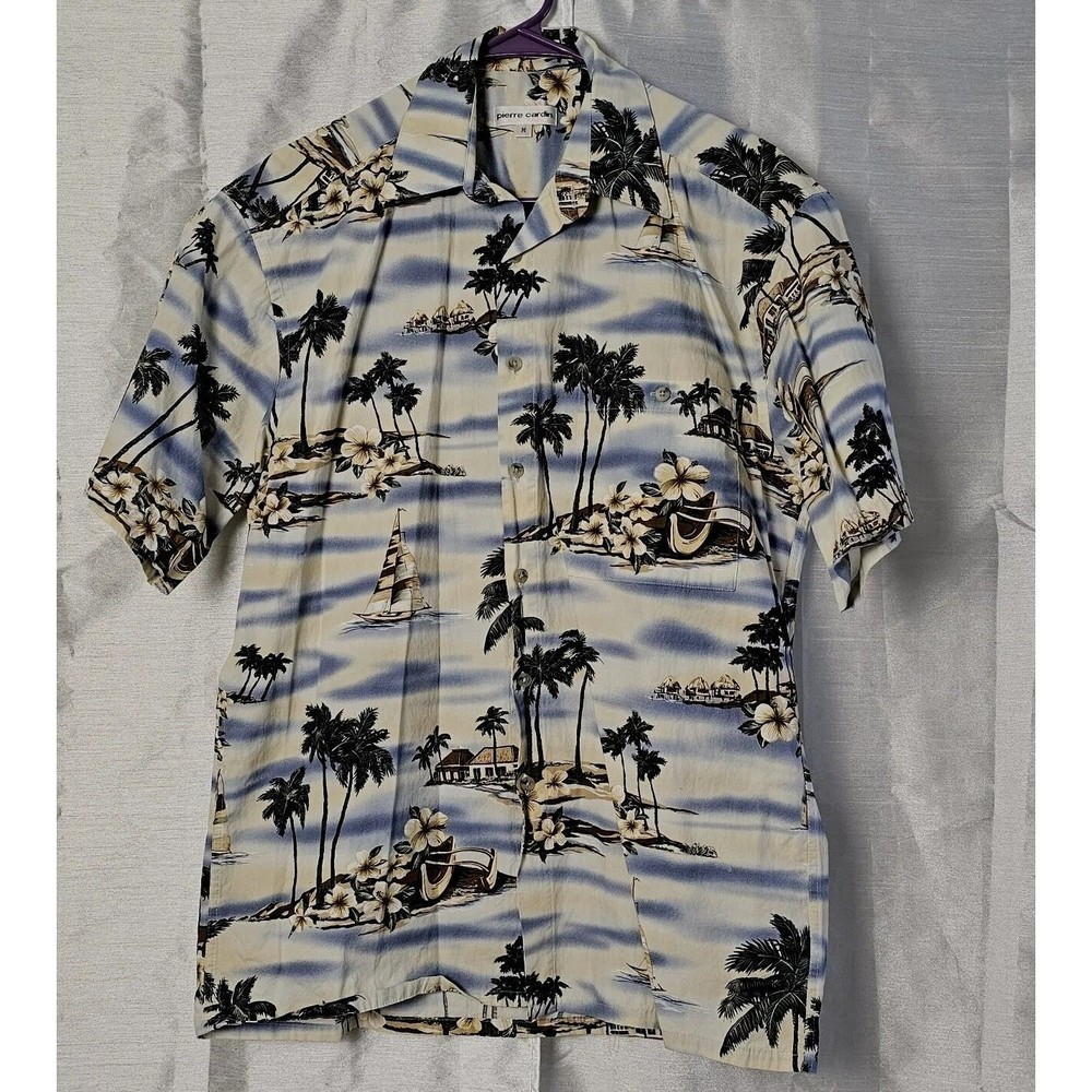 Pierre Cardin Hawaiian‎ Shirt Mens Size Medium Button Up Cotton Sailboats Palms